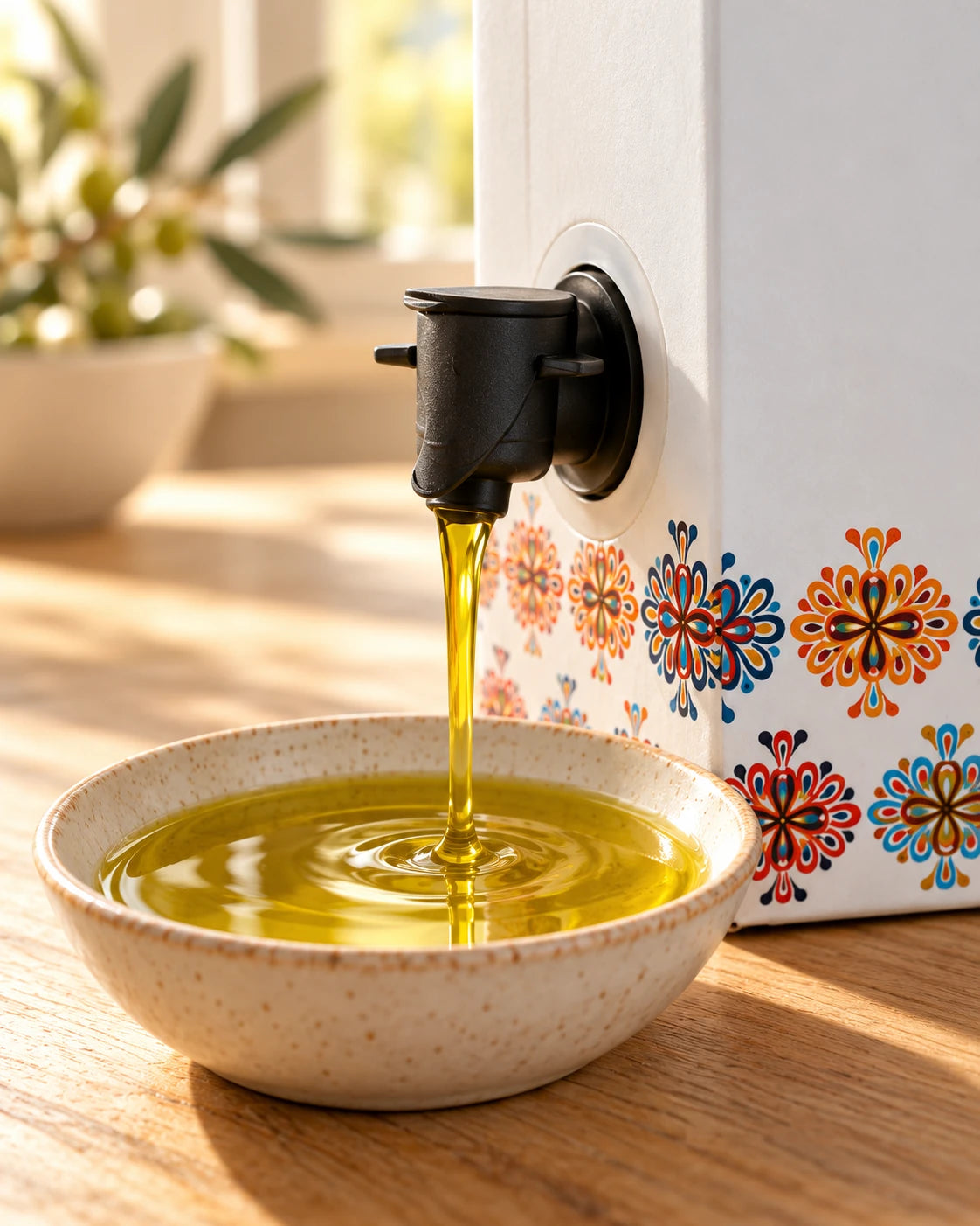 Il rubinetto nero della Bag-in-Box mentre versa l’olio in una ciotola