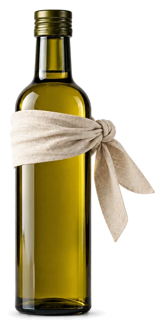 Una bottiglia d’olio senza etichetta, con una benda